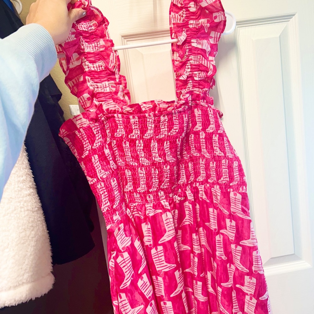 Pink Smocked Dress with Boot Print